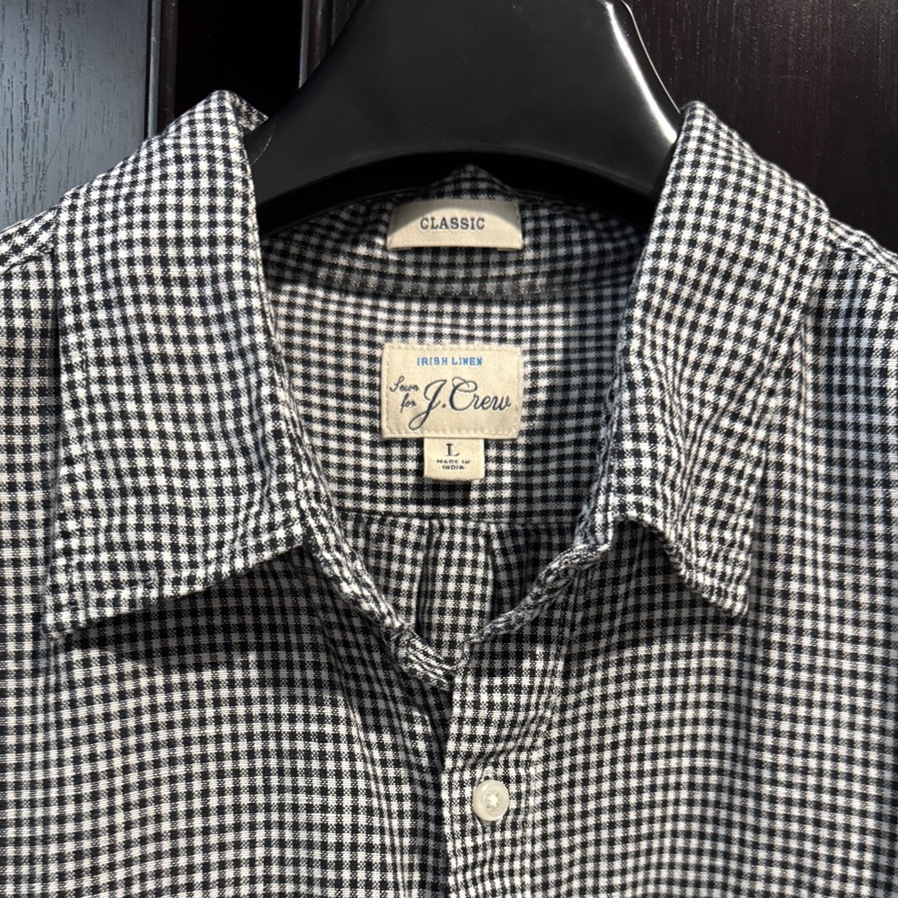 J Crew Classic Fit Baird McNutt Navy Gingham Linen Shirt - Large